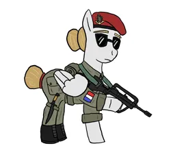Size: 1956x1668 | Tagged: safe, artist:dafid25, derpibooru import, oc, unofficial characters only, pegasus, pony, bayonet, beret, boots, clothes, famas, folded wings, french, gun, hair bun, hat, image, military uniform, paratrooper, png, rifle, shoes, simple background, soldier, solo, standing, sunglasses, tail, tail bun, uniform, weapon, white background, wings