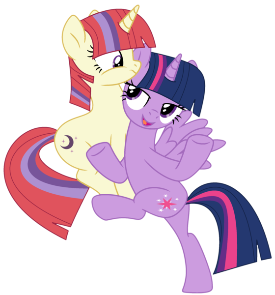 Size: 2150x2305 | Tagged: safe, artist:bomberchif, artist:twilyisbestpone, derpibooru import, moondancer, twilight sparkle, twilight sparkle (alicorn), alicorn, pony, unicorn, base used, bedroom eyes, bipedal, duo, duo female, female, flirting, frown, high res, holding a pony, image, lesbian, mare, open mouth, open smile, pegasus wings, png, shipping, simple background, smiling, transparent background, twidancer, wings
