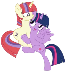 Size: 2150x2305 | Tagged: safe, artist:bomberchif, artist:twilyisbestpone, derpibooru import, moondancer, twilight sparkle, twilight sparkle (alicorn), alicorn, pony, unicorn, base used, bedroom eyes, bipedal, duo, duo female, female, flirting, frown, high res, holding a pony, image, lesbian, mare, open mouth, open smile, pegasus wings, png, shipping, simple background, smiling, transparent background, twidancer, wings