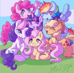 Size: 1024x1012 | Tagged: safe, artist:yuinazami94, derpibooru import, applejack, fluttershy, pinkie pie, rainbow dash, rarity, twilight sparkle, earth pony, pegasus, pony, unicorn, cutie mark pupils, female, group shot, image, jpeg, mane six, mane six opening poses, mare, signature, wingding eyes