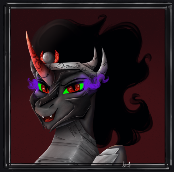 Size: 2602x2573 | Tagged: safe, artist:rainviv, derpibooru import, king sombra, pony, unicorn, antagonist, armor, bust, evil, helmet, image, looking at you, male, png, shading, simple background, smiling, smiling at you, solo, sombra eyes, stallion
