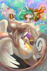 Size: 1024x1542 | Tagged: suggestive, artist:rayadra, ponerpics import, ponybooru import, philomena, princess celestia, anthro, dragon, phoenix, book, breasts, dragoness, dragonlestia, featureless breasts, female, image, jewelry, jpeg, lidded eyes, lizard breasts, species swap