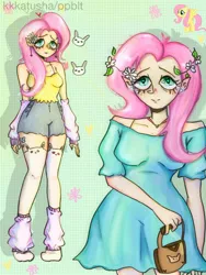 Size: 960x1280 | Tagged: safe, artist:kkkatudha, derpibooru import, fluttershy, human, pony, rabbit, alternate hairstyle, animal, arm warmers, bag, breasts, clothes, dress, ear piercing, earring, female, flower, flower in hair, heart, heart eyes, humanized, image, jewelry, jpeg, leg warmers, mare, necklace, piercing, shorts, socks, solo, stockings, tanktop, thigh highs, wingding eyes