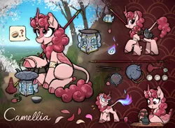 Size: 4000x2921 | Tagged: safe, artist:selenophile, derpibooru import, oc, oc:camellia, unofficial characters only, kirin, nirik, adoptable, cup, high res, image, kirin oc, lantern, looking at something, open mouth, outdoors, pictogram, png, raised hoof, reference sheet, sitting, smiling, speech bubble, teacup, teapot