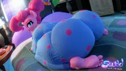 Size: 3895x2191 | Tagged: suggestive, artist:snuddy, derpibooru import, pinkie pie, anthro, plantigrade anthro, pony, 3d, alternate hairstyle, ass, balloonbutt, breasts, busty pinkie pie, butt, clothes, feet, female, high res, huge butt, image, jpeg, large butt, looking at you, looking back, looking back at you, mare, pajamas, soles, solo, solo female, toes, tongue out