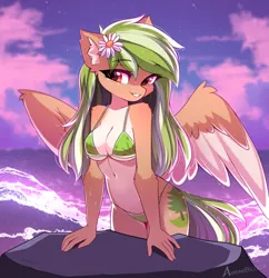 Size: 1508x1556 | Tagged: suggestive, artist:airiniblock, derpibooru import, oc, oc:sylvia evergreen, unofficial characters only, anthro, pegasus, anthro oc, bikini, clothes, female, image, legs together, ocean, pegasus oc, png, rcf community, solo, sunset, swimsuit, water, wave, wings