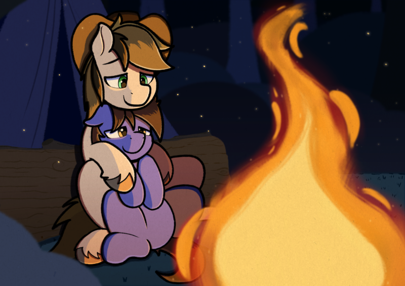 Size: 3508x2480 | Tagged: safe, artist:sefastpone, derpibooru import, oc, unofficial characters only, earth pony, pony, g1, campfire, camping, cowboy hat, cuddling, fire, forest, gay, hat, image, male, night, png, stallion, tent, tree