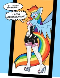 Size: 2550x3300 | Tagged: safe, artist:belaboy, derpibooru import, rainbow dash, anthro, pegasus, abstract background, bedroom eyes, boots, butt, clothes, commission, cosplay, costume, evening gloves, eye clipping through hair, female, gloves, high heel boots, image, jpeg, latex, latex gloves, latex suit, long gloves, looking back, mirror, open mouth, open smile, rainbutt dash, reflection, rouge the bat, shoes, signature, smiling, solo, sonic the hedgehog (series), talking, wings