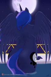 Size: 1000x1500 | Tagged: suggestive, artist:cainesart, derpibooru import, princess luna, alicorn, anthro, butt, image, moon, moonbutt, patreon, png, rear view