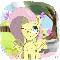 Size: 2560x2560 | Tagged: safe, artist:gorebox, derpibooru import, fluttershy, butterfly, insect, pegasus, pony, forest, halftone, image, jpeg, one eye closed, rock, smiling, solo, tree