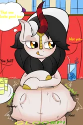 Size: 2000x3000 | Tagged: suggestive, artist:bestponies, derpibooru import, oc, oc:diamond horseshoe, oc:kirin diamond, kirin, pony, belly, belly button, big belly, blushing, cake, clothes, cloven hooves, colt prey, dialogue, digestion, female, filly prey, foal, food, glasses, huge belly, image, jpeg, kirin oc, licking, licking lips, looking at someone, male, male pov, mare, muffled words, offscreen character, offscreen male, pov, same size vore, see-through, sitting, stomach noise, struggling, table, tongue out, vore, water, window