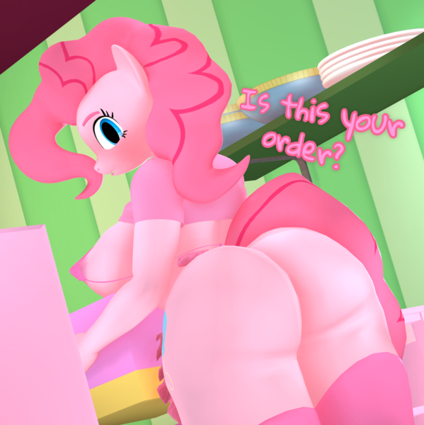 Size: 2157x2160 | Tagged: questionable, artist:purplefondue, derpibooru import, pinkie pie, anthro, earth pony, 3d, anthrofied, apron, areola, areola slip, ass, balloonbutt, big breasts, blushing, bottomless, box, bra, breasts, busty pinkie pie, butt, butt focus, clothes, container, female, furniture, image, large butt, long hair, long tail, looking at each other, looking at someone, looking at you, partial nudity, png, rear view, shirt, shirt lift, sideboob, small clothes, socks, solo, solo female, standing, stockings, stupid sexy pinkie, tail, tail aside, talking, text, thigh highs, thighs, underwear, useless clothing