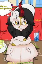 Size: 2000x3000 | Tagged: suggestive, alternate version, artist:bestponies, derpibooru import, edit, oc, oc:diamond horseshoe, oc:kirin diamond, kirin, pony, belly, belly button, big belly, blushing, cake, clothes, cloven hooves, colt prey, dialogue, digestion, female, filly prey, foal, food, glasses, huge belly, image, jpeg, kirin oc, licking, licking lips, looking at someone, male, male pov, mare, muffled words, offscreen character, offscreen male, pov, same size vore, see-through, sitting, stomach noise, struggling, table, tongue out, vore, water, window