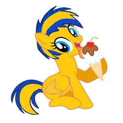 Size: 894x894 | Tagged: source needed, safe, artist:mlpfan3991, derpibooru import, oc, oc:flare spark, unofficial characters only, pegasus, pony, cherry, chocolate, female, food, happy, ice cream, ice cream cone, image, licking, looking at you, mare, png, simple background, sitting, solo, tongue out, transparent background, vanilla