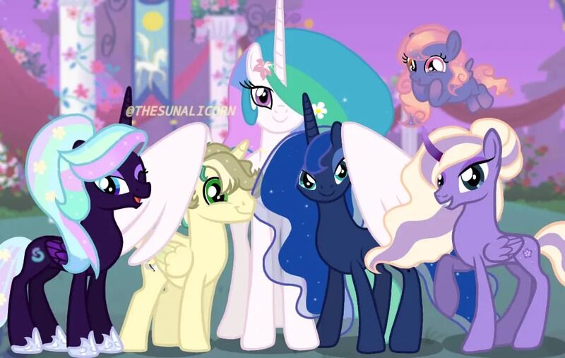 Size: 1080x684 | Tagged: safe, artist:thesunalicorn, derpibooru import, princess celestia, princess luna, oc, alicorn, pony, alicorn oc, colored wings, colt, eyeshadow, family, female, filly, flower, flower in hair, foal, garden, gradient hooves, hoof shoes, horn, image, jewelry, jpeg, makeup, male, mare, necklace, one eye closed, royal sisters, show accurate, siblings, signature, sisters, teenager, wings, wink