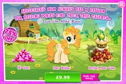 Size: 1958x1300 | Tagged: safe, derpibooru import, official, pear butter, earth pony, pony, advertisement, apple, cake, costs real money, english, female, flower, flower in hair, food, gameloft, gem, image, implied apple bloom, implied applejack, jpeg, mare, mobile game, my little pony: magic princess, numbers, pear, sale, solo, solo focus, text