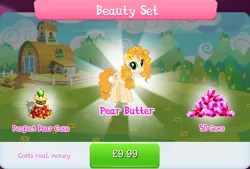 Size: 1267x858 | Tagged: safe, derpibooru import, official, pear butter, earth pony, pony, apple, bundle, cake, costs real money, english, female, flower, flower in hair, food, gameloft, gem, image, implied apple bloom, implied applejack, jpeg, mare, mobile game, my little pony: magic princess, numbers, pear, sale, solo, solo focus, text