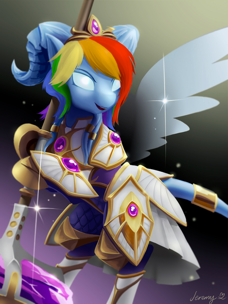 Size: 1536x2048 | Tagged: safe, artist:jeremywithlove, derpibooru import, edit, editor:maonyman, rainbow dash, ponified, draenei, pony, armor, cute, glow, glowing eyes, hammer, hammer of the naaru, heroes of the storm, image, mace, png, solo, warcraft, weapon, world of warcraft, yrel
