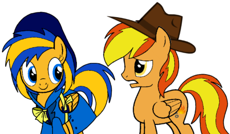 Size: 865x503 | Tagged: safe, artist:noikincade67, derpibooru import, oc, oc:firey ratchet, oc:flare spark, unofficial characters only, pegasus, pony, clothes, detective, duo, duo male and female, fedora, female, hat, image, male, mare, png, simple background, stallion, transparent background, trenchcoat