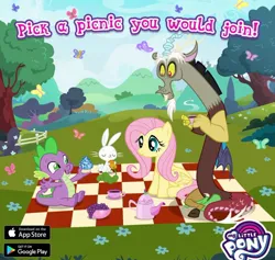 Size: 1284x1215 | Tagged: safe, derpibooru import, angel bunny, discord, fluttershy, spike, butterfly, dragon, insect, app icon, app store, carrot, cupcake, female, flower, food, gameloft, google play, grapes, image, jpeg, male, my little pony logo, my little pony: magic princess, outdoors, picnic, picnic blanket, sitting, tea party, video game