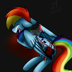 Size: 1024x1024 | Tagged: semi-grimdark, artist:lovescreepyreadings, derpibooru import, rainbow dash, fanfic:the friendship test, 2016, abuse, bleeding, blood, branded flank, crying, dashabuse, deviantart watermark, equal sign, floppy ears, gray background, image, injured, jpeg, obtrusive watermark, signature, simple background, tears of pain, torture, watermark