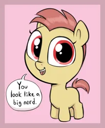 Size: 1108x1348 | Tagged: safe, artist:heretichesh, derpibooru import, oc, unofficial characters only, earth pony, pony, big eyes, big head, dialogue, female, filfil, filly, foal, image, jpeg, looking at you, open mouth, open smile, pink background, simple background, smiling, smiling at you, solo, talking to viewer