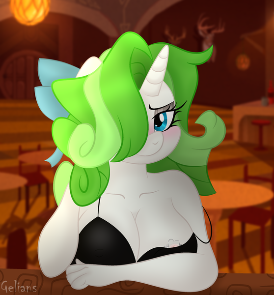 Size: 2601x2799 | Tagged: questionable, artist:gelians, derpibooru import, oc, oc:minty root, anthro, pony, unicorn, alternate hairstyle, bar, black dress, blushing, bow, clothes, curly hair, dress, female, flirting, hair bow, hair over one eye, heart, image, little black dress, mare, nipple piercing, nipple slip, nipples, nudity, piercing, png, solo, wardrobe malfunction