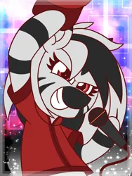 Size: 1200x1600 | Tagged: safe, artist:thebadbadger, derpibooru import, oc, oc:stripes, unofficial characters only, zebra, hat off, image, microphone, png