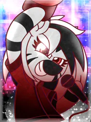 Size: 1200x1600 | Tagged: safe, artist:thebadbadger, derpibooru import, oc, oc:stripes, unofficial characters only, zebra, hat off, image, microphone, png, shiny eyes