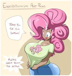 Size: 1871x1969 | Tagged: safe, artist:sanders, derpibooru import, pinkie pie, human, art pack:we don't normally wear clothes, big breasts, breasts, busty pinkie pie, clothes, curvy, denim, dialogue, explicit description, female, hourglass figure, humanized, image, jeans, looking down, open mouth, open smile, pants, png, shirt, smiling, solo, speech bubble