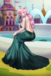 Size: 1381x2048 | Tagged: safe, artist:thebrokencog, derpibooru import, fluttershy, human, equestria girls, background, backless, beautiful, breasts, butt, canterlot, castle, clothes, commission, dress, elegant, female, flutterbutt, fountain, gown, graceful, green dress, hand on knee, hand on leg, humanized, image, jewelry, looking at you, png, side view, sideboob, sitting, solo, solo female, solo focus