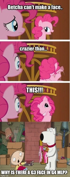 Size: 500x1251 | Tagged: safe, derpibooru import, pinkie pie, earth pony, pony, g3, too many pinkie pies, brian griffin, caption, family guy, g4, image, jpeg, meme, stewie griffin, text