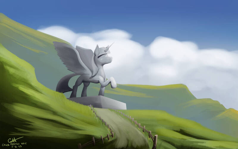 Size: 1131x707 | Tagged: safe, artist:calebpedigo, derpibooru import, twilight sparkle, twilight sparkle (alicorn), alicorn, pony, female, hill, image, jpeg, mare, raised hoof, scenery, signature, statue