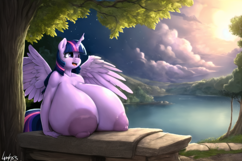 Size: 1536x1024 | Tagged: questionable, derpibooru import, machine learning generated, novelai, stable diffusion, twilight sparkle, alicorn, anthro, ai content, big breasts, bliss, breast expansion, breasts, busty twilight sparkle, growth, huge breasts, hyper, hyper breasts, image, impossibly large breasts, morning, nipples, nudity, orgasm, png, scenery, scenery porn, sun, tree, wings