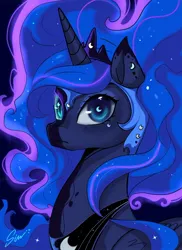 Size: 1286x1769 | Tagged: safe, artist:midna77, derpibooru import, nightmare moon, princess luna, alicorn, pony, blue eyes, blue mane, blue tail, bust, counterparts, crown, digital art, ethereal mane, ethereal tail, eyeshadow, feather, female, flowing mane, flowing tail, folded wings, helmet, horn, image, jewelry, jpeg, looking at you, makeup, mare, night, peytral, portrait, regalia, signature, solo, sparkles, starry mane, starry tail, stars, tail, two sides, wingding eyes, wings