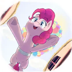Size: 2560x2560 | Tagged: safe, artist:gorebox, derpibooru import, pinkie pie, earth pony, pony, balloon, eyebrows, eyebrows visible through hair, floating, frog (hoof), halftone, image, low angle, open mouth, open smile, png, smiling, solo, then watch her balloons lift her up to the sky, underhoof