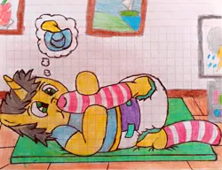 Size: 3890x2983 | Tagged: safe, artist:bitter sweetness, derpibooru import, oc, oc:bitter sweetness, unofficial characters only, pony, unicorn, abdl, adult foal, clothes, diaper, diaper fetish, diapered, fetish, graph paper, green eyes, hoof sucking, hooves, horn, image, imagining, male, non-baby in diaper, pacifier, playmat, png, simple background, smiling, socks, striped socks, thought bubble, traditional art, white background, wooden floor