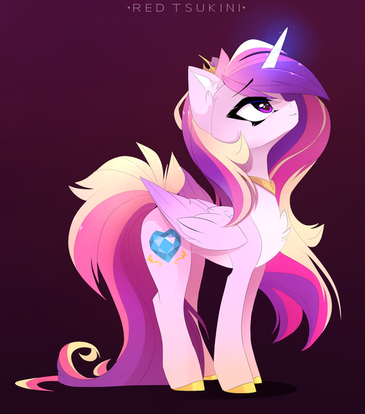Size: 2223x2525 | Tagged: safe, artist:red_tsukini, derpibooru import, princess cadance, alicorn, pony, chest fluff, crown, cute, digital art, ear fluff, feather, female, folded wings, g4, glow, glowing horn, happy, high res, hoof shoes, horn, image, jewelry, looking up, magic, mare, multicolored mane, multicolored tail, peytral, png, princess of love, purple background, purple eyes, regalia, signature, simple background, smiling, solo, tail, wings