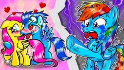 Size: 686x386 | Tagged: safe, artist:annie korea, derpibooru import, fluttershy, rainbow dash, soarin', image, jpeg, wat, youtube link