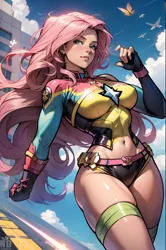 Size: 1360x2048 | Tagged: safe, derpibooru import, machine learning generated, fluttershy, butterfly, human, insect, ai content, belly button, breasts, busty fluttershy, captain marvel (marvel), dc comics, generator:seaart.ai, humanized, image, marvel, marvel comics, midriff, png, prompter:neondash, sky, supergirl
