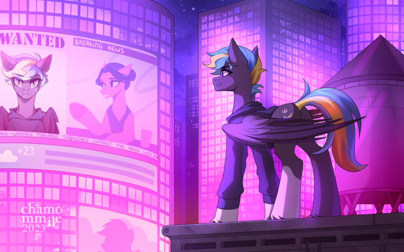 Size: 2560x1600 | Tagged: safe, artist:chamommile, derpibooru import, oc, oc:tornado turbulence, unofficial characters only, pegasus, pony, breaking news, city, clothes, exploitable meme, full body, grey skin, image, looking at each other, looking at someone, meme, news, night, pegasus oc, png, purple eyes, roof, rooftop, skyscraper, smiling, smiling at each other, solo, wanted, wanted poster, wings