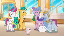 Size: 1280x721 | Tagged: safe, derpibooru import, edit, edited screencap, screencap, cloudpuff, hitch trailblazer, queen haven, zipp storm, dog, dragon, earth pony, pegasus, pomeranian, pony, rabbit, g5, my little pony: tell your tale, animal, baby, baby dragon, bag, crown, female, flying pomeranian, guardsmare, image, jewelry, looking at someone, male, mare, pegasus royal guard, png, regalia, royal guard, stallion, the hunt for eggmund bunny, winged dog, zoom zephyrwing
