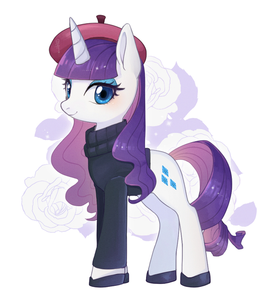 Size: 900x1000 | Tagged: safe, artist:hosikawa, derpibooru import, rarity, pony, unicorn, beatnik rarity, beret, clothes, female, hat, image, jpeg, looking at you, mare, simple background, solo, sweater, white background