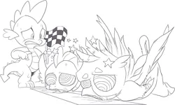 Size: 1505x900 | Tagged: safe, artist:nauyaco, derpibooru import, gallus, smolder, spike, image, monochrome, png, swirly eyes