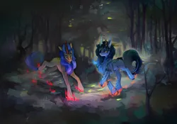 Size: 4073x2851 | Tagged: safe, artist:yasu, derpibooru import, oc, unofficial characters only, kirin, pony, dark background, dark forest, duo, fire, image, magic, magic fire, png, scenery
