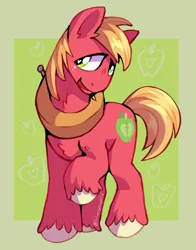 Size: 1508x1928 | Tagged: safe, artist:silverycryptid, derpibooru import, big macintosh, pony, big macintosh's yoke, chest fluff, cute, digital art, freckles, green eyes, hoof fluff, horse collar, image, looking sideways, male, png, raised hoof, simple background, smiling, solo, stallion