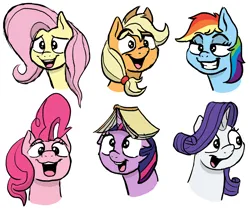 Size: 1782x1497 | Tagged: safe, artist:doodledonutart, derpibooru import, applejack, fluttershy, pinkie pie, rainbow dash, rarity, twilight sparkle, twilight sparkle (alicorn), alicorn, earth pony, pegasus, pony, unicorn, book, book on head, bust, female, grin, image, lidded eyes, mane six, mare, open mouth, open smile, png, silly, smiling