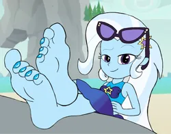 Size: 3024x2370 | Tagged: safe, artist:zeekthatgeek, derpibooru import, trixie, human, equestria girls, barefoot, beach, bikini, clothes, crossed legs, eyebrows, feet, feet up, female, fetish, foot fetish, foot focus, image, looking at you, png, raised eyebrow, smiling, smiling at you, soles, sunglasses, swimsuit