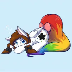 Size: 2048x2048 | Tagged: safe, artist:mscolorsplash, derpibooru import, oc, oc:color splash, unofficial characters only, pegasus, pony, blue background, bow, eyebrows, eyebrows visible through hair, female, image, jpeg, looking at you, lying down, mare, prone, rainbow tail, simple background, solo, tail, tail bow