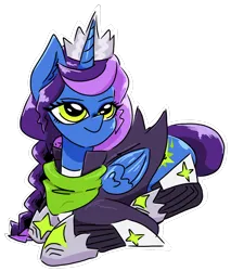 Size: 1046x1225 | Tagged: safe, artist:yamston, derpibooru import, oc, oc:princess nova(ltd), unofficial characters only, alicorn, pony, fanfic:living the dream, alicorn oc, blue coat, braid, clothes, crown, fanfic art, female, green eyes, horn, image, jewelry, lying down, mare, parent:oc:frederic bourdages, parent:princess luna, parents:canon x oc, png, prone, regalia, scarf, simple background, solo, transparent background, two toned mane, wings